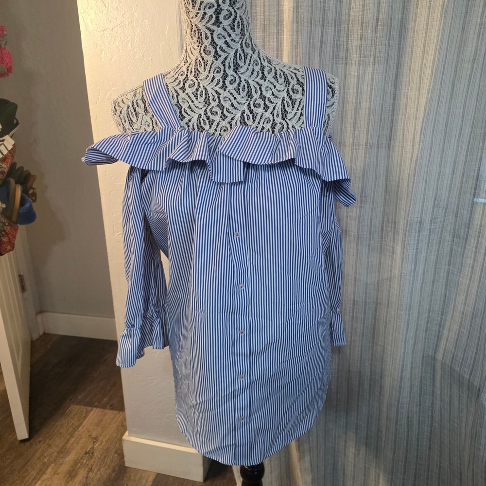 Janet Chung Cold Shoulder Blouse Womens L Blue White Stripe Ruffle Tunic Top